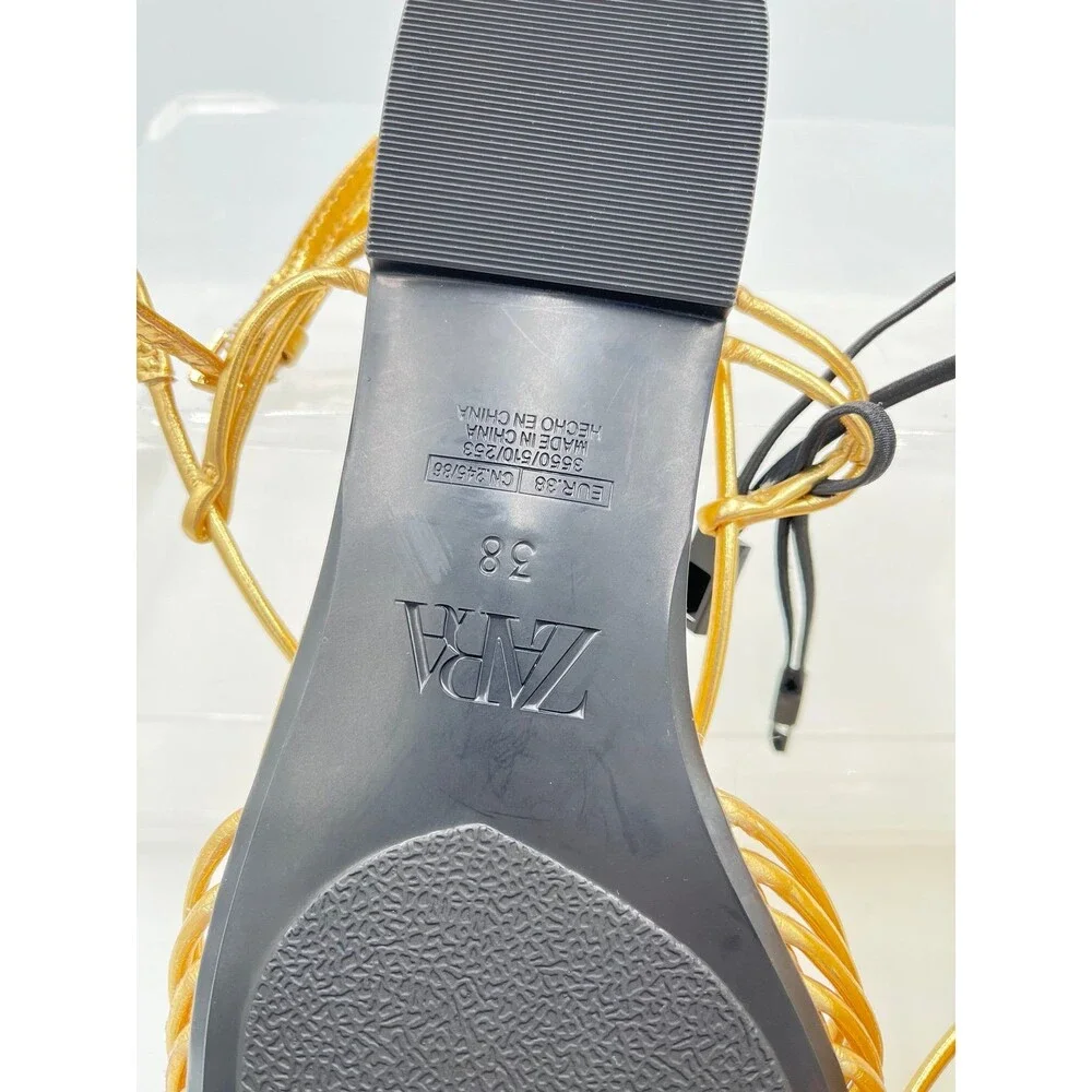 ZARA NWT Gold Strappy Flat Sandals Size 38 Metallic Cage Style Strappy - Picture 5 of 5